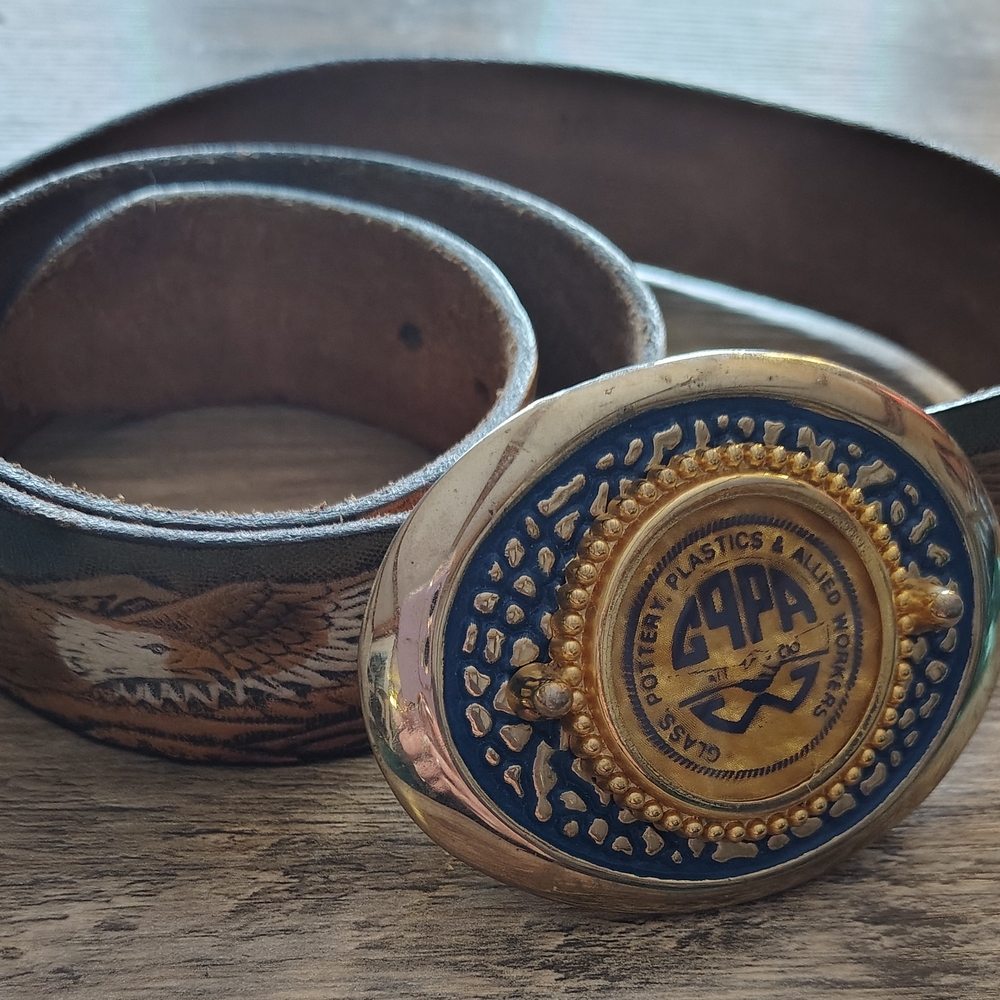 Vintage 1983 GABCO Hand Tooled Eagle Leather Belt w/ Union Made GPPA Buckle USA